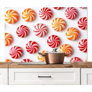 Spatscherm keuken 120x80 cm - Kookplaat achterwand Snoep - Patroon - Rood - Oranje - Muurbeschermer - Spatwand fornuis - Hoogwaardig aluminium