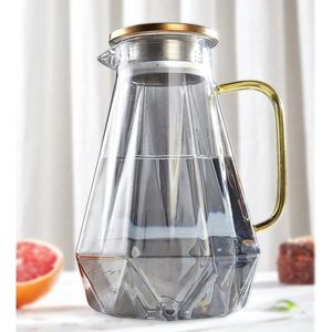 Zwarte glazen karaf met container, 2 liter, waterkaraf in modern diamantdesign, glas kan worden gebruikt voor het zetten van fruit, duurzaam, hittebestendig, water kan worden gebruikt voor melk/melk/koffie