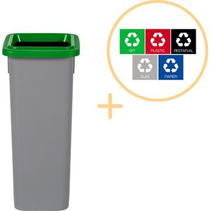 Plafor Fit Bin, Prullenbak voor afvalscheiding - 20L – Grijs/Groen - Inclusief 5-delige Stickerset - Afvalbak voor gemakkelijk Afval Scheiden en Recycling - Afvalemmer - Vuilnisbak voor Huishouden, Keuken en Kantoor - Afvalbakken - Recyclen