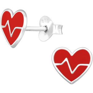Joy|S - Zilveren hartje oorbellen - rood zilver hartje met hartslag - 7.7 x 6.8 mm - kinderoorbellen