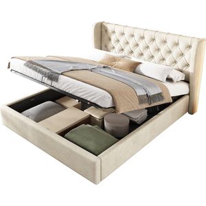 Merax Velvet Gestoffeerd Tweepersoonbed met Oorvormig Hoofdbord - 140x200 cm Bed met Hydraulische Opbergruimte - Beige