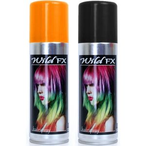 Set van 2x kleuren haarverf/haarspray van 125 ml - Zwart en Oranje - Carnaval verkleed spullen