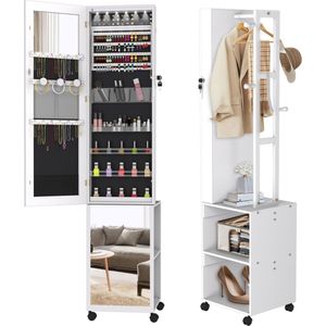 NAIZY Sieradenkast met spiegel spiegelkast make-upkast met wielen en 6 LED's afsluitbare sieradenopberger make-up organizer 3 in 1 met passpiegel staande spiegel, wit