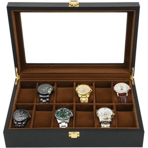 Horlogedoos 12 sleuven houten horloge organizer doos - sieraden opslag vitrine - voor mannen vader - horloge opbergdoos met glazen deksel