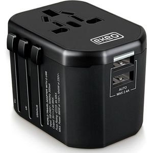 EKEO - Universele Wereldstekker Amerika 150+ landen - Reisstekker met 2 Quick USB Poorten - 2000 Watt - - Zwart