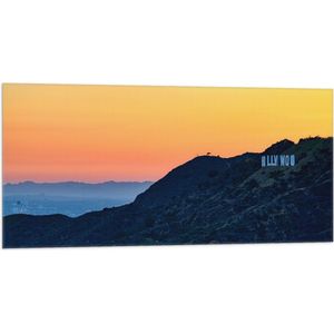 WallClassics - Vlag - Hollywood Sign met Zonsondergang - 100x50 cm Foto op Polyester Vlag