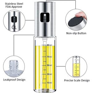 olie spray fles Oliesproeier Dispenser, azijn sproeier, dressing spray met borstel draagbaar, grillen olijfolie glazen fles 100ml, Premium 304 roestvrij staal, voor keuken, koken, salade, brood bakken, BBQ (2 stuks)