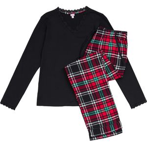 La-V pyjamaset voor dames met geruite flanel broek en V hals met kant contrast Zwart/Rood S