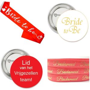 16-delige vrijgezellenfeest set Bride to Be rood met wit en goud met sjerp, armbanden en buttons - vrijgezellenfeest - bride - bruid - vrijgezellen party