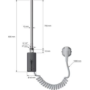 Verwarmingselement voor badkamerradiator 900W antraciet met thermostaat temperatuurregeling timer en tiptoetsbediening LuxeBath