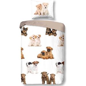 Snoozing Puppies - Flanel - Dekbedovertrek - Junior - 120x150 cm + 1 kussensloop 60x70 cm - Multi kleur