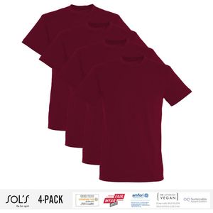 4 Pack Sol's Heren T-Shirt 100% biologisch katoen Ronde hals Burgundy Maat 3XL