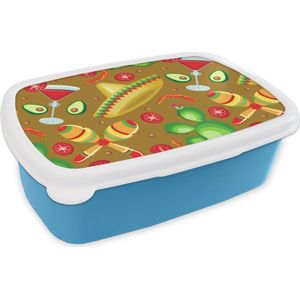 Broodtrommel Blauw - Lunchbox - Brooddoos - Mexico - Sombrero - Patronen - 18x12x6 cm - Kinderen - Jongen