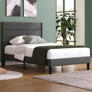 Polsterbed 90x200cm - Gepolst kopstuk, linnen, grijs, modern design (zonder matras)