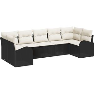 vidaXL - tuinbankset - Set - van - 7 - Zwarte - basis - met - crème - kussens