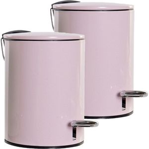 2x stuks metalen vuilnisbakken/pedaalemmers roze 3 liter 23 cm - Afvalemmers - Kleine prullenbakken