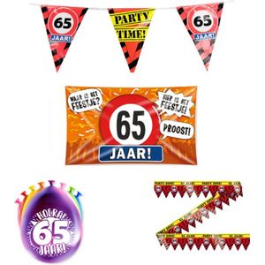 65 jaar versiering pakket - Versiering Verjaardag - Versiering 65 Jaar Verjaardag - Slingers - Gevelvlag- Ballonnen - Afzetlint
