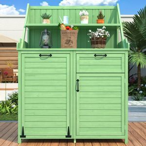 Houten tuinkast, tuinkast met planken, buitenkast, tuinkast, gereedschapsschuur, terraskast, balkonkast, gereedschapsschuur, tuinmeubelen, groen