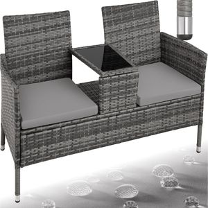 tectake® - wicker tuinbank met tafel, 2-zitsbank, 131 x 61 x 82 cm, bank voor tuinbalkon en terras, tuinbank inclusief zitkussen - grijs/lichtgrijs - poly-rattan