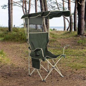 Navaris strandstoel met schaduw - Campingstoel opvouwbaar - Met opbergvakken en bekerhouder - Lichtgewicht camping stoel - Donkergroen en beige