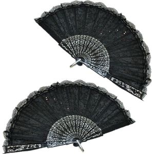 2x Stuks Handwaaiers/Spaanse Waaiers van Kant Zwart - Polyester - Verkoeling In de Zomer
