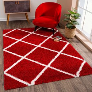 Tapijtenloods Madrid Shaggy Geruit Vloerkleed Rood Creme Hoogpolig- 120x170 CM