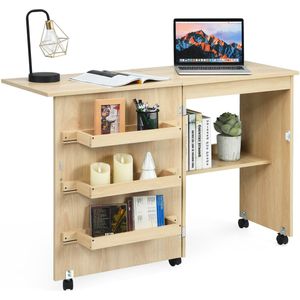 COSTWAY 2-in-1 naaikast & bureau inklapbaar, naaitafel van hout met 3 legplanken voor spoelen en vergrendelbare wielen, naaimachinekast voor woonkamer, slaapkamer en kantoor