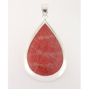Grote druppelvormige zilveren hanger met rode koraal steen