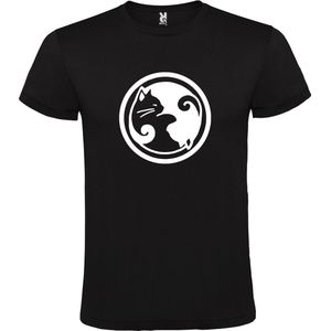 Zwart T shirt met  ""Ying Yang poezen"" print Wit size XL