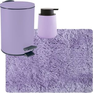 MSV badkamer droogloop tapijt langharig 50x70 cm - pedaalemmer 3L - zeeppompje 300 ml - lila paars