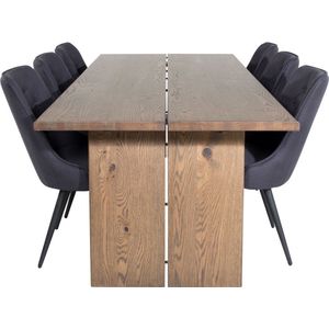 Logger eethoek eetkamertafel uitschuifbare tafel lengte cm 210 / 310 rokerig eik en 6 Velvet Deluxe eetkamerstal zwart.