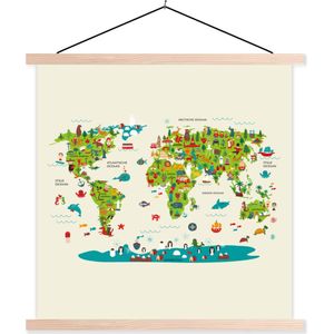 Textielposter - Wereldkaart Kinderen - Kleuren - Atlas - 120x120 cm - Schoolplaat - Textiel poster