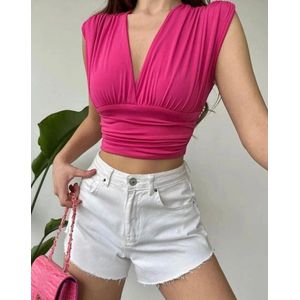 Crop top blouse elastisch voor dames 35cm | Fuchsia Roze