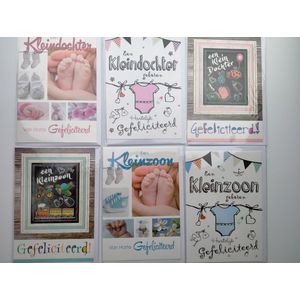 6 Geboorte wenskaarten - Gefeliciteerd Kleinzoon- Gefeliciteerd kleindochter - Mix van 6 kaarten met enveloppen