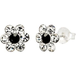 Oorbellen meisje | Zilveren oorstekers, bloem met 7 kristallen, diverse kleuren
