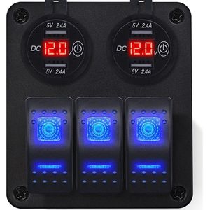 ProRide Schakelpaneel 12V voor Auto/Boot - USB Stopcontact 4 Poorten met Schakelaar/Voltmeter - 5V/2.4A - 3 schakelaars - Rood