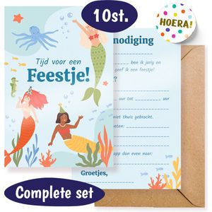 Uitnodiging Kinderfeestje – 10 stuks – Zeemeermin Uitnodigingskaarten – Mermaid – Uitnodigingen Verjaardag Feestje – Incl. Enveloppen en Sluitstickers - Meisje