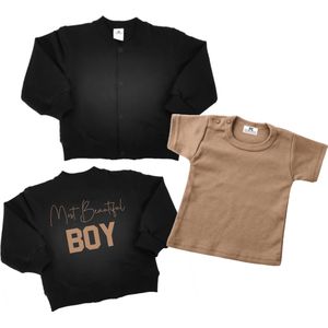 Bomberjack jogging met T-shirt 2 delig-Most beautiful boy-jongens jas-Maat 92-zwart-beige sand