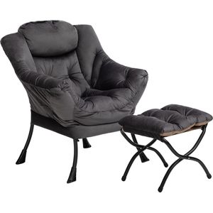 Relax Fauteuil met Voetenbank Woonkamerstoel Slaapkamerstoel Loungestoel met Armleuningen Leesstoel Accentstoel met Stalen Frame, Donkergrijs