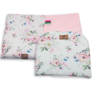 Babydeken - Babydekbed - coating: 100% katoen - Baby dekbed - Dubbelzijdig dekbed met kussen -100cmx75cm- Plat kussen voor baby's – Wit – Roze – Bloemen - Wieg Deken- Ledikantdeken