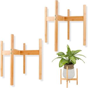 Houten Plantenstandaard Mid-Century Modern Bamboe Houten Plantenrek - Set van 2, Geschikt voor Plantenpotten tot 33 cm