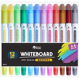 12 Whiteboard Marker van Smart Panda – Dunne whiteboardstiften met aan 2 zijden een punt, middelgroot en fijn – Met een droogwisser uitwisbare whiteboardpennen