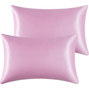 Set van 2 superzachte satijnen kussenslopen voor haar en huid - Verminder wrijving en rimpels (50 x 75 cm, roze)