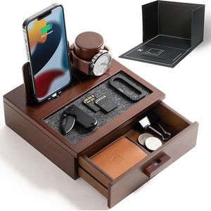 Nachtkastje organizer voor mannen - houten telefoondockingstation om je telefoon op te laden en je horloge en accessoires te ordenen - houten laadstation met gevoerde lade en lade - Docking Station