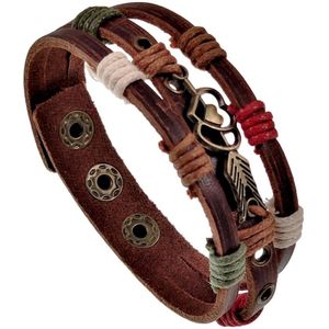 Armband Unisex - Houtkleurige Bruin Leer - Leder Armband met Dubbele Hart Bronskleurige - Multicolor-Veters