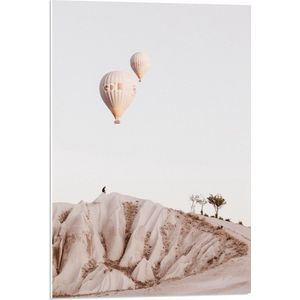 WallClassics - PVC Schuimplaat- Beige en Bruine Luchtballonnen boven Rotslandschap - 50x75 cm Foto op PVC Schuimplaat