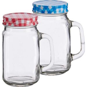 Set van 4x stuks glazen Mason Jar drinkbekers/drinkpotjes met gekleurde dop 430 ml - anti-lek drinkglazen