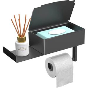 Toiletpapierhouder met Legplank voor Vochtige Doekjes - Matzwart Roestvrij Staal Zonder Boren