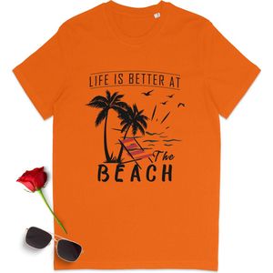 Zomer t shirt met print - Life is better at the beach - Heren en Dames t-shirt - Vrouwen Heren t-shirt met zomer opdruk - Unisex maten: S M L XL XXL XXXL - Tshirt kleuren: wit, oranje geel en licht blauw.