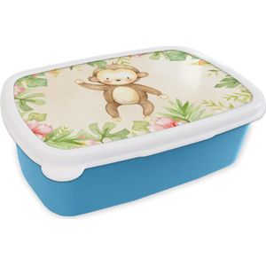 Broodtrommel Blauw - Lunchbox - Brooddoos - Aap - Bloemen - Aquarelverf - 18x12x6 cm - Kinderen - Jongen